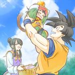  2016 2boys bakusou_k basket black_eyes black_hair blue_sky carrying chi-chi_(dragon_ball) chinese_clothes closed_eyes cloud dated day dougi dragon_ball dragon_ball_(object) dragon_ball_z earrings family hair_bun holding jewelry monkey_tail multiple_boys muscle neckerchief open_mouth sidelocks signature sky smile son_gohan son_gokuu tail tree wristband 