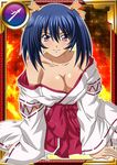 bare_shoulders bashoku_youjou blue_hair blush breasts card_(medium) cleavage female hair_ornament ikkitousen large_breasts looking_at_viewer purple_eyes shiny_skin short_twintails sitting smile solo twintails 