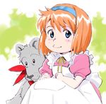  animal blue_eyes dress freckles fushigi_no_umi_no_nadia hairband highres king_(nadia) light_smile lion looking_at_viewer marie_en_carlsberg mizutani_yuuko orange_hair pinafore_dress puffy_sleeves sadamoto_yoshiyuki scarf short_hair short_sleeves squatting 