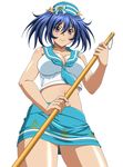  bare_shoulders bashoku_youjou blue_hair blush breasts cleavage female hair_ornament hat ikkitousen large_breasts legs looking_at_viewer midriff navel purple_eyes sailor shint_skin short_twintails skirt smile solo twintails 