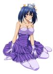  bashoku_youjou blue_hair breasts cleavage collarbone crown dress gloves ikkitousen large_breasts looking_at_viewer purple_dress purple_eyes purple_gloves purple_legwear short_twintails simple_background sitting solo strapless strapless_dress twintails white_background 