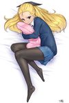  assam bad_id bad_pixiv_id blonde_hair blue_eyes girls_und_panzer long_hair lying on_side pantyhose pillow pillow_hug school_uniform solo st._gloriana's_school_uniform sweater yoshiwa_tomo 