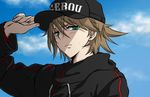  1boy baseball_hat blush brown_hair cardfight!!_vanguard green_eyes kai_toshiki looking_at_viewer male_focus outdoors public sweat 