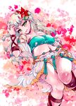  braid breasts cleric_(tree_of_savior) collarbone covered_nipples flower green_eyes hair_flower hair_ornament hand_in_hair jewelry large_breasts long_hair looking_at_viewer lying midriff navel open_mouth oracle_(tree_of_savior) ornament rintos silver_hair single_braid solo tree_of_savior 