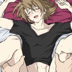  2boys abs anal bed bed_sheet blush bottomless brown_hair cardfight!!_vanguard green_eyes kai_toshiki male_focus multiple_boys muscle open_mouth pillow pov sex sweat yaoi 