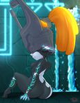  artist_name ass fang from_behind gradient gradient_background helmet huge_ass imp midna orange_hair pointy_ears ponytail sitting small_waist solo the_legend_of_zelda:_twilight_princess throat_(artist) waterfall wide_hips 