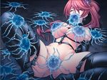  1girl arms_behind_back bare_shoulders black_legwear black_thighhighs bondage breasts collar eyes_closed flower game_cg hair_flower hair_ornament imanaka_koutarou jellyfish kuro_no_utahime midriff navel open_mouth ponytail ratuca_fir_cawdor red_hair restrained spread_legs tentacle thighhighs 