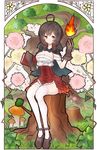  book breasts brown_gloves brown_hair buttons cleavage cloak dandelion fire flower frills gloves grass grimoire hand_up highres large_breasts mushroom nora_(salatto) orange_eyes plant red_skirt ribbon shoes sitting skirt solo thighhighs tree tree_of_savior white_legwear wizard_(tree_of_savior) 
