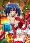  bare_shoulders bashoku_youjou blue_hair blush breasts christmas cleavage female fire hair_ornament ikkitousen large_breasts leaning_forward looking_at_viewer purple_eyes short_twintails smile solo standing thighhighs twintails 