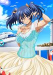  bashoku_youjou blue_hair breasts cleavage female hair_ornament ikkitousen large_breasts legs looking_at_viewer purple_eyes short_twintails skirt sky smile solo twintails 