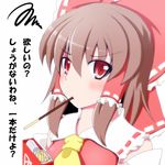  ascot bangs blush bow brown_hair detached_sleeves eyebrows eyebrows_visible_through_hair food hair_bow hair_tubes hakurei_reimu kenpi_(hs-totyu) long_hair looking_at_viewer lowres pocky pocky_day red_eyes solo squiggle touhou translated tsundere white_background 