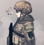  black_scarf closed_mouth color_guide emblem expressionless from_side goggles grey_background gun helmet military military_uniform msc_nm original scarf simple_background sketch solo ukraine ukrainian uniform upper_body weapon 