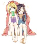 2girls :&gt; alternate_hairstyle ayase_eli barefoot blanket blonde_hair blue_eyes blue_hair blue_shirt blush braid breasts cleavage closed_eyes coffee_mug collarbone cup drinking full_body hair_down hair_ornament hair_scrunchie kuro_neko_(artist) looking_at_another love_live! love_live!_school_idol_project low_ponytail medium_breasts mug multiple_girls pink_scrunchie purple_shirt scrunchie shared_blanket sharing shirt short_sleeves side-by-side simple_background sitting smile t-shirt toes toujou_nozomi white_background 