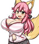  animal_ears breasts cleavage fang fate/extra fate_(series) fox_ears fox_tail hair_ribbon huge_breasts looking_at_viewer moyashi_udon open_mouth pink_hair ribbon simple_background solo tail tamamo_(fate)_(all) tamamo_cat_(fate) tamamo_no_mae_(fate) white_background yellow_eyes 