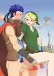  2boys ass blonde_hair blue_eyes blush bottomless erection fire_emblem gloves ike link male_focus multiple_boys muscle outdoors penis pointy_ears public shiny_hair shiny_skin the_legend_of_zelda undressing yaoi 