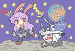  1girl :d animal_ears black_legwear brown_dress commentary_request crater cyrillic dress earth_(planet) full_body globe grey_skirt happy loafers long_hair long_sleeves lunar_roving_vehicle lunar_surface lunokhod_1 machinery miniskirt mizunagi_kry moon necktie on_moon open_mouth outdoors planet rabbit_ears reisen_udongein_inaba robot round_teeth running shoes skirt smile solar_panel soviet space teeth thighhighs touhou translated zettai_ryouiki 