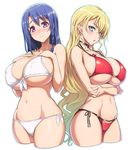  :o bikini blonde_hair blue_eyes blue_hair blush braid breast_hold breast_suppress breasts choker claire_harvey cleavage covered_nipples cropped_legs eyebrows_visible_through_hair halter_top halterneck highres huge_breasts hundred kashiwagi_miharu large_breasts long_hair mole mole_under_eye multiple_girls ookuma_(nitroplus) open_mouth outline purple_eyes red_bikini side-tie_bikini side_braid simple_background smile swimsuit white_background white_bikini 