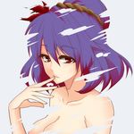  autumn_leaves breasts cleavage closed_mouth collarbone commentary_request expressionless finger_to_mouth grey_background hair_ornament hairband ifuji_sakura leaf_hair_ornament looking_at_viewer medium_breasts nude purple_hair red_eyes rope short_hair simple_background solo touhou upper_body yasaka_kanako 