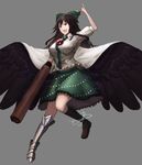  arm_cannon black_hair black_legwear black_wings bow breasts brown_hair collar collared_shirt feathered_wings frilled_shirt_collar frilled_skirt frills green_skirt grey_background hair_bow kneehighs large_breasts long_hair looking_at_viewer metal_boots midriff minami_koyogi mismatched_footwear navel open_mouth pointing pointing_up red_eyes reiuji_utsuho shirt short_sleeves simple_background skirt solo teeth thighs third_eye tongue touhou weapon white_shirt wings 