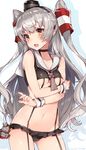  adapted_costume amatsukaze_(kantai_collection) bare_shoulders bikini blush breasts brown_eyes character_doll choker collarbone embarrassed garter_straps hair_tubes hairband highres kantai_collection lifebuoy long_hair looking_at_viewer mika_pikazo navel open_mouth rensouhou-kun silver_hair small_breasts solo swimsuit two_side_up underboob windsock wrist_cuffs 