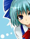  :&lt; blue_bow blue_dress blue_eyes blue_hair bow cirno commentary_request dress hair_bow head_out_of_frame ifuji_sakura looking_at_viewer neck_ribbon red_ribbon ribbon short_hair solo touhou upper_body 