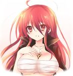  ahoge alastor_(shakugan_no_shana) alternate_breast_size between_breasts blush breasts cape hand_on_own_chest jewelry large_breasts long_hair looking_at_viewer parted_lips pendant red_eyes red_hair sarashi shakugan_no_shana shana simple_background solo tachitsu_teto upper_body 