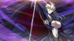  arm_up armor armpits artoria_pendragon_(all) artoria_pendragon_(lancer_alter) blonde_hair breasts cape dark_rhongomyniad expressionless fate/grand_order fate_(series) holding holding_weapon horns kotera_ryou lance large_breasts long_hair looking_at_viewer looking_to_the_side navel pale_skin polearm sideboob solo underboob upper_body weapon wind yellow_eyes 