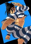  alternate_costume black_hair bulge facial_mark folded_ponytail jumping kita_makura male_focus md5_mismatch one-punch_man onsoku_no_sonic prison_clothes scar shirt solo striped striped_shirt torn_clothes torn_shirt 