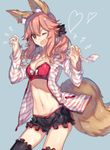  ;d animal_ears bad_id bad_pixiv_id black_legwear blue_background bow bow_bra bra breasts chocoan claw_pose cleavage cowboy_shot fate/extra fate_(series) fox_ears fox_tail heart jacket jewelry low_twintails medium_breasts navel necklace one_eye_closed open_clothes open_jacket open_mouth pink_hair red_bra scrunchie short_shorts shorts smile solo striped_jacket tail tamamo_(fate)_(all) tamamo_no_mae_(fate) thighhighs twintails underwear yellow_eyes 