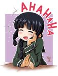  ^_^ ^o^ afterimage black_hair blush braid chin_rest clapping closed_eyes green_shirt hair_over_shoulder happy_tears head_tilt highres kantai_collection kitakami_(kantai_collection) laughing long_sleeves mitsuki_(mitsukitei) open_mouth purple_background school_uniform serafuku shirt simple_background single_braid smile solo table tears 