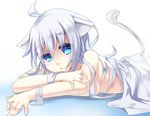  animal_ears animal_tail aqua_eyes bare_shoulders blush breasts cat_ears cat_tail catgirl highres long_hair looking_at_viewer nude on_stomach solo tail white_hair 
