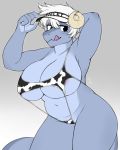  2019 anthro areola bedroom_eyes belly big_breasts bikini black_eyes blush breasts cleavage clothed clothing cow_bikini cow_print cowkini dragon eyelashes female hair half-closed_eyes hand_behind_head headwear horn huge_breasts iriedono licking licking_lips looking_away navel no_iris no_pupils pose reptile scalie seductive skimpy slightly_chubby smile solo standing string_bikini swimsuit thick_thighs tongue tongue_out under_boob white_hair wide_hips 