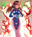  ;) bodysuit brown_eyes brown_hair d.va_(overwatch) explosion facial_mark grin headphones heart heart_hands highres long_hair looking_at_viewer md5_mismatch one_eye_closed overwatch smile solo thigh_gap whisker_markings xion_(pulilulu) 