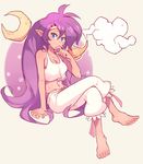  alternate_costume barefoot blue_eyes blush breasts circlet cleavage crescent_moon crop_top crossed_legs dark_skin highres lamp legs_crossed long_hair looking_at_viewer midriff moon navel oil_lamp pajamas pointy_ears purple_hair sally_(luna-arts) shantae shantae_(character) sitting smile solo tiara toes very_long_hair 