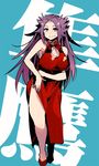  alternate_costume bare_shoulders breasts character_name china_dress chinese_clothes dress highres jun'you_(kantai_collection) kantai_collection large_breasts long_hair looking_at_viewer pelvic_curtain purple_eyes purple_hair red_dress side_slit smile solo spiked_hair standing uchiuchi_keyaki 