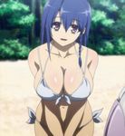  blue_hair bra breasts cleavage female highres hundred kashiwagi_miharu large_breasts long_hair screencap sitting smile solo stitched 