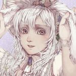  animal_ears bunny_ears eyebrows eyelashes flower gloves hair_flower hair_ornament hat holding_ears nose original pink_eyes portrait see-through shiranagi_chiyuki smile solo teeth white_hair 