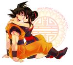  1girl 2016 arms_around_neck black_eyes black_hair boots chi-chi_(dragon_ball) chinese_clothes dated dougi dragon_ball dragon_ball_z frown hair_bun hetero husband_and_wife kneeling sitting smile son_gokuu sweatdrop wristband yochimune 
