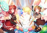  candy candy_wrapper food food_themed_hair_ornament grin hair_between_eyes hair_ornament highres koizumi_hanayo light_brown_hair lollipop looking_at_viewer love_live! love_live!_school_idol_project macaron multiple_girls nishikino_maki open_mouth oversized_object puffy_short_sleeves puffy_sleeves purple_eyes red_hair short_hair short_sleeves sitting smile sweets swirl_lollipop zuizi 