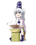  blue_eyes bowl commentary_request hat hat_ribbon kousei_(public_planet) long_hair long_sleeves mononobe_no_futo open_mouth ponytail potters_wheel pottery ribbon shirt silver_hair sitting skirt smile solo stool touhou wide_sleeves 