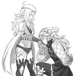  ahoge arm_behind_back armor artist_name cape center_opening circlet closed_eyes commentary dl eyebrows eyebrows_visible_through_hair fire_emblem fire_emblem_if gloves greyscale hair_ornament hairband hand_kiss holding_hand kiss long_hair looking_down monochrome multiple_girls one_knee ophelia_(fire_emblem_if) profile sketch soleil_(fire_emblem_if) standing thighhighs thighs yuri 