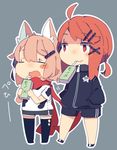  ahoge animal_ears bangs blonde_hair blush_stickers caltina_(pepekekeko) chibi closed_eyes commentary drinking drinking_straw fox_ears hair_ornament hairclip hands_in_pockets jacket juice_box lowres multiple_girls open_mouth orange_eyes orange_hair original pekeko_(pepekekeko) phantasy_star phantasy_star_online_2 scarf shima_(pepekekeko) shirt shorts t-shirt thighhighs track_jacket 