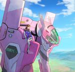  adapted_object bodysuit brown_hair d.va_(overwatch) daniel_zhang day facial_mark highres long_hair mecha meka_(overwatch) neon_genesis_evangelion overwatch pilot_suit sitting solo whisker_markings 