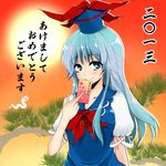  2013 akeome blue_dress blue_eyes blue_hair blush bow bowtie chinese_zodiac commentary_request dress happy_new_year hat hat_ribbon ifuji_sakura kamishirasawa_keine long_hair looking_at_viewer middle_finger multicolored_hair nengajou new_year otoshidama puffy_short_sleeves puffy_sleeves red_bow red_neckwear red_ribbon ribbon short_sleeves silver_hair smile snake solo sun tareme touhou translated two-tone_hair upper_body white_snake year_of_the_snake 
