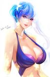  2016 arm_support bare_shoulders bikini blue_eyes blue_hair breasts cleavage collarbone dated earrings huge_breasts jewelry league_of_legends lips looking_at_viewer navel simple_background smile solo sona_buvelle star star_earrings swimsuit twintails yang_hm 