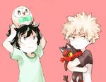  :t animal animal_on_head arms_up bad_id bad_pixiv_id bakugou_katsuki bangs bird bird_on_head black_hair blonde_hair boku_no_hero_academia child closed_mouth gen_7_pokemon highres holding holding_pokemon hug litten looking_at_another looking_at_viewer looking_up male_focus midoriya_izuku multiple_boys on_head owl pink_background pokemon pokemon_(creature) pokemon_(game) pokemon_on_head pokemon_sm rowlet shade shirt short_sleeves simple_background sketch spiked_hair t-shirt upper_body wavy_mouth younger zou_(oku) 