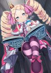  beatrice_(re:zero) beriko_(dotera_house) blonde_hair blue_eyes blurry blush book bookshelf bow capelet closed_mouth crossed_ankles crown cup depth_of_field dress drill_hair dutch_angle from_below frown fur_trim grimoire hair_ribbon highres holding holding_book holding_cup long_hair long_sleeves looking_at_viewer mini_crown open_book pantyhose pentagram pink_bow pink_footwear pink_ribbon pom_pom_(clothes) re:zero_kara_hajimeru_isekai_seikatsu ribbon shoes sitting solo steam striped striped_legwear symbol-shaped_pupils teacup twin_drills 