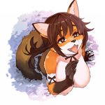  animal_ears armband breasts choker female fox from_above fur furry kawakami_masaki large_breasts looking_up open_mouth original solo symbol-shaped_pupils tail tongue tongue_out 