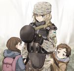  2girls :d backpack bag black_gloves blonde_hair blue_eyes blush braid brown_eyes brown_hair bulletproof_vest camouflage child flower gloves hat headwear_removed height_difference helmet helmet_removed hood hood_down hooded_jacket jacket long_hair long_sleeves military military_hat military_uniform msc_nm multiple_girls open_mouth original single_braid smile standing ukraine ukrainian_flag uniform 