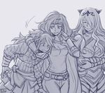  armor artist_name belt breasts camilla_(fire_emblem_if) cape cleavage closed_eyes commentary crossed_arms dl fingerless_gloves fire_emblem fire_emblem:_akatsuki_no_megami fire_emblem_if gloves hair_ornament hair_over_breasts hair_over_one_eye hairband headpiece heather_(fire_emblem) large_breasts leaning long_hair medium_breasts monochrome multiple_girls one_eye_closed pants sketch smile soleil_(fire_emblem_if) speed_lines standing strapless tiara tubetop wavy_hair 